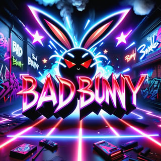 Text that reads  "Bad Bunny" in neon red, black, metallic, purple, blue, Pink, neon, sparkles, smoke, planet, graffiti background,
,composed of elements of thunder Electricity Space stars and neon lights, Cyberpunk,DonMH010D15pl4yXL 