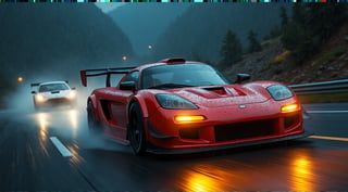 Race cars in a high speed street race (best quality,4k,8k,highres,masterpiece:1.2),ultra-detailed, ((a customized car)), ((street racer)), ((a beautiful paintjob)), ((fully detailed)), illustration, vivid colors, 2024 custom RX 7 Drifting, going fast, night, bright yellow headlights, setting USA Oregon's Mountain roads, No text on signs, Late night time, Set in a rain storm with lightning,1 car, Nature, model shoot style, Fast action style, Sideways drifting in to a turn, Red and black cars,