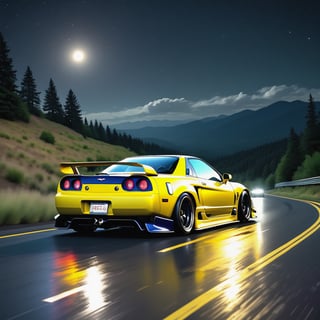 Race cars in a high speed street race (best quality,4k,8k,highres,masterpiece:1.2),ultra-detailed, ((a customized car)), ((street racer)), ((a beautiful paintjob)), ((fully detailed)), illustration, vivid colors, GTR, NSX,  Drifting, going fast, night, bright yellow headlights,setting USA Oregon's Mountain roads, No text on signs, Late night time dark skys filled with moonlight and bright stars,1 car.,Nature,modelshoot style