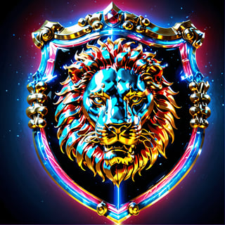 high detail, high quality, 8K Ultra HD, high quality, 8K Ultra HD, ln Family crest style, A neon mad golden lion face on a shield in neon red and blue, background Black, glass shiny style