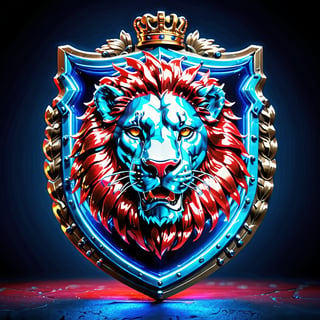 high detail, high quality, 8K Ultra HD, high quality, 8K Ultra HD, ln Family crest style, A neon mad lion on the shield in neon colors red and blue, glass shiny style