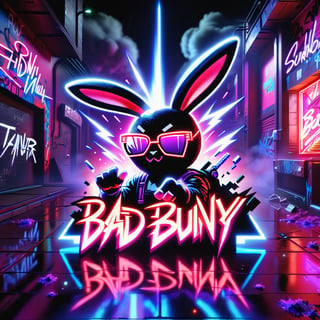 Text that reads  "Bad Bunny" in neon red, black, metallic, purple, blue, Pink, neon, sparkles, smoke, planet, graffiti background,
,composed of elements of thunder Electricity Space stars and neon lights, Cyberpunk,DonMH010D15pl4yXL 