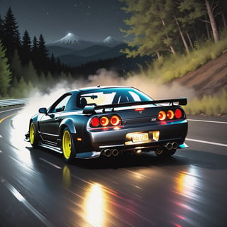 Race cars in a high speed street race (best quality,4k,8k,highres,masterpiece:1.2),ultra-detailed, ((a customized car)), ((street racer)), ((a beautiful paintjob)), ((fully detailed)), illustration, vivid colors, GTR, NSX,  Drifting, going fast, night, bright yellow headlights,setting USA Oregon's Mountain roads, No text on signs, Late night time dark skys filled with moonlight and bright stars,1 car.,Nature,modelshoot style, Fast action style, Sideways drifting in to a turn, gray and black cars,