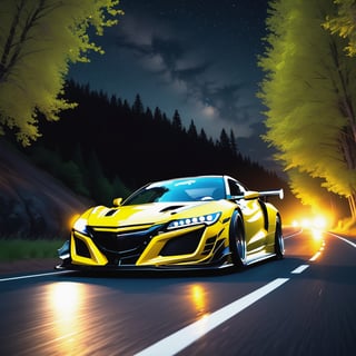 Race cars in a high speed street race (best quality,4k,8k,highres,masterpiece:1.2),ultra-detailed, ((a customized car)), ((street racer)), ((a beautiful paintjob)), ((fully detailed)), illustration, vivid colors, GTR, NSX,  Drifting, going fast, night, bright yellow headlights,setting USA Oregon's Mountain roads, No text on signs, Late night time dark skys filled with moonlight and bright stars,1 car.,Nature,modelshoot style