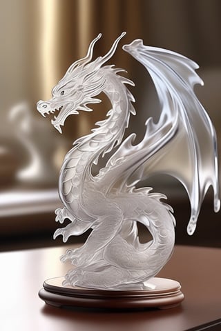 Generate an image of a sophisticated glass art rendition featuring dragon. The intricately crafted figurine stands elegantly on a desk, capturing the essence of high-end craftsmanship.Clear Glass Skin,dragon-themed,dragonyear ,comic style