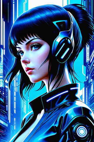 Ghost in the Shell Vol.2, by Luis Duarte, Luis Duarte style, blue and black shading, Neo-Tokyo style, Element Air, Mythpunk, Graphic Interface, Sci-Fic Art, Dark Influence, NijiExpress 3D v3, Kinetic Art, Datanoshing, Oilpainting, Ink v3, Splash style, Abstract Art, Abstract Tech, Cyber Tech Elements, Futuristic, Illustrated v3, Deco Influence, AirBrush style, drawing