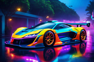 (digital artwork), EV Super car, wide body kit, modified car, racing livery, raining masterpiece, best quality, realistic, ultra highres, depth of field, (full dual colour neon lights:1.2), (hard dual colour lighting:1.4), (detailed background), (masterpiece:1.2), (ultra detailed), (best quality), intricate, comprehensive cinematic, magical photography, (gradients), colorful, detailed landscape, visual key,