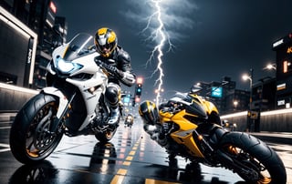 there is a man riding a motorcycle on a wet track, daniel maidman octane rendering, octane ray tracing, photo realistic octane render, cinematic front lightning, octane render unreal engine 8 k, vray octane, 8k octane unreal render, sitting on cyberpunk motorbike, 3 d octane cycle unreal engine 5, 3d octane cycle unreal engine 5, 8k octane render