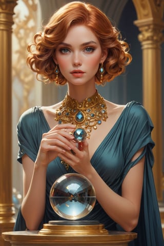 (masterpiece), Detailed shot of a beautiful slender woman on a golden pedestal, copper colored hair, makeup, hypnotizing gaze, hematite stone crystal ball in her hand, posing artistically with the hematite stone, digital painting, intricate, elegant, highly detailed, seasonal art.impressionist art, sharp soft focus, illustration, Unreal Engine 5, 8k, art by artgerm and greg rutkowski and alphonsemucha