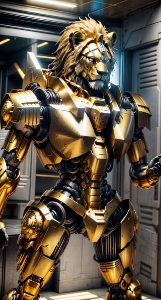 3D model, 1 man with a lion mask on, golden armor intricate with designs, metal plates, glowing gold, Surrealism, cinematic lighting, glowing light, reflection light, masterpiece, ccurate, anatomically correct, super detail, textured skin, high details, award winning, best quality, highres, 4K, 8k, 16k,bismuth4rmor,Golden Warrior Mecha