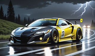 Race cars in a high speed street race (best quality,4k,8k,highres,masterpiece:1.2),ultra-detailed, ((a customized car)), ((street racer)), ((a beautiful paintjob)), ((fully detailed)), illustration, vivid colors, GTR, NSX,  Drifting, going fast, night, bright yellow headlights,setting USA Oregon's Mountain roads, No text on signs, Late night time dark skys filled with moonlight and bright stars,1 car.,Nature,modelshoot style, Fast action style, Sideways drifting in to a turn, gray and black cars, Set in a rain storm with lightning,