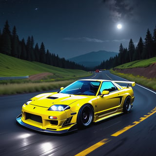 Race cars in a high speed street race (best quality,4k,8k,highres,masterpiece:1.2),ultra-detailed, ((a customized car)), ((street racer)), ((a beautiful paintjob)), ((fully detailed)), illustration, vivid colors, GTR, NSX,  Drifting, going fast, night, bright yellow headlights,setting USA Oregon's Mountain roads, No text on signs, Late night time dark skys filled with moonlight and bright stars,1 car.,Nature,modelshoot style