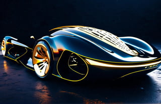 Futuristic hyper-car/supercar design based upon floral curves and futuristic spaceship design, 1940's car racing design, diamond cut wheels, stary night, bar lighting, conch shells swirls and black iridescent sheen, swirl, twirl, curl, the rule of thirds, golden ration 1.618, 3, 6 and 9 the Secret of the Universe, black, low and lean, very long, very low to the ground, modernized aero dynamics, future power engine design, full sideview including background scene and car, dark fantasy sci-fi rain swept background, professional automotive photography, highly detailed, hyperdetailed, Caravaggio,