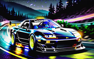 Race cars in a high speed street race (best quality,4k,8k,highres,masterpiece:1.2),ultra-detailed, ((a customized car)), ((street racer)), ((a beautiful paintjob)), ((fully detailed)), illustration, vivid colors, GTR, NSX,  Drifting, going fast, night, bright yellow headlights,setting USA Oregon's Mountain roads, No text on signs, Late night time dark skys filled with moonlight and bright stars,1 car.,Nature,modelshoot style, Fast action style, Sideways drifting in to a turn, gray and black cars,