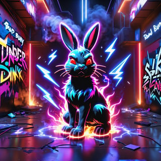 "Bad Bunny" in neon red, black, metallic, purple, blue, Pink, neon, sparkles, Neon colored smoke, planet, graffiti background,
,composed of elements of Fire thunder Lightning Electricity Space stars and neon lights, Cyberpunk,DonMH010D15pl4yXL 