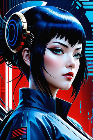 Ghost in the Shell Vol.2 - Assassin Geisha, by Luis Duarte, Luis Duarte style, blue and black shading, Neo-Tokyo style, Element Air, Mythpunk, Graphic Interface, Sci-Fic Art, Dark Influence, NijiExpress 3D v3, Kinetic Art, Datanoshing, Oilpainting, Ink v3, Splash style, Abstract Art, Abstract Tech, Cyber Tech Elements, Futuristic, Illustrated v3, Deco Influence, AirBrush style, drawing