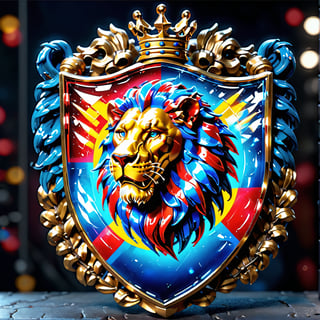 high detail, high quality, 8K Ultra HD, high quality, 8K Ultra HD, ln Family crest style, A neon mad lion on the shield in neon colors gold red and blue, glass shiny style