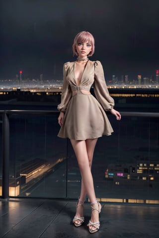 White skin,full body beautiful detailed eyes, looking at viewer, stunningly beautiful woman, detailed hairstyle, realistic_detailed_skin_texture,  good hands,  good feet, (8k, RAW photo, best quality, ( ultra high res, photon mapping,professional soft lighting, nanakusa nazuna,pink_hair, ,akatsuki outfit,black sandals,(best quality,raining night city background,mechanical city,Pamela dress,portrait,1 girl,sexy pose,milf,GothGal