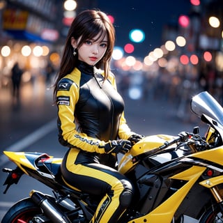 1 girl, very bright backlighting, solo, {beautiful and detailed eyes}, large breasts, dazzling moonlight, calm expression, natural and soft light, hair blown by the breeze, delicate facial features, Blunt bangs, beautiful korean girl, eye smile, very small earrings, (girl is riding a yellow 400cc racingmotorcycle:1.3) ,(wearing a black ridersuit:1.3),Both hands are gripping the handle. a racingmotorcycle is driving at 100 kilometer per hour.,23yo, film grain, realhands,blurry_light_background