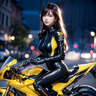 1 girl, very bright backlighting, solo, {beautiful and detailed eyes}, large breasts, dazzling moonlight, calm expression, natural and soft light, hair blown by the breeze, delicate facial features, Blunt bangs, beautiful korean girl, eye smile, very small earrings, (girl is riding a yellow 400cc racingmotorcycle:1.3) ,(wearing a black ridersuit:1.3),Both hands are gripping the handle. a racingmotorcycle is driving at 100 kilometer per hour.,23yo, film grain, realhands,blurry_light_background