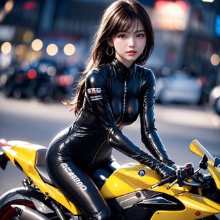 1 girl, very bright backlighting, solo, {beautiful and detailed eyes}, large breasts, dazzling moonlight, calm expression, natural and soft light, hair blown by the breeze, delicate facial features, Blunt bangs, beautiful korean girl, eye smile, very small earrings, (girl is riding a yellow 400cc racingmotorcycle:1.3) ,(wearing a black ridersuit:1.3),Both hands are gripping the handle. a racingmotorcycle is driving at 100 kilometer per hour.,23yo, film grain, realhands,blurry_light_background