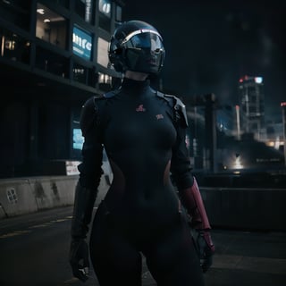 in distant futuristic ,a girl ,wearing futuristic helmet, covering her face curvy body,night_view_background,FutureArmor,lisa