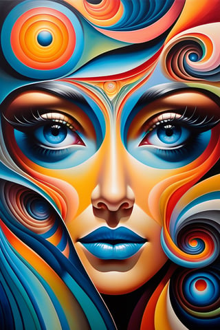 A captivating dreamlike painting featuring a woman as the central figure amidst a swirling kaleidoscope of colors and abstract shapes. The woman's features blend seamlessly with the landscape, showcasing the interconnectedness of all things. Her eyes, a vivid blue, draw the viewer into a world of surrealism and modernism. The brushstrokes, visible and bold, symbolize the fluidity of human experience, inviting onlookers to explore the depths of their unconscious mind and embrace the charm of the unknown. This contemporary work of art transcends boundaries, igniting the imagination and evoking a sense of wonder.