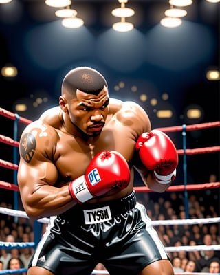  (hyperrealistic stylish digital oilpainting illustration:1.5), (boxing theme:1.5), (fight of the century:1.5), (big match:1.5), (all or nothing:1.5), (Model character inspiration from Mike Tyson:1.5), (super heavyweight title match: 1.5), (boxing ring:1.5), (1male boxing fighter:1.5), solo, musclar boxing fighter, hyper mascular body, dynamic, sweat, glossy skin, dynamic fighting pose, fighting stance, punching scene, straight punch, cowboy shot, photorealistic, ultrarealistic, oil painting, dropped painting, ultradetailed, hyper sharp, best qulity , masterpiece,oil paint,ink ,anime