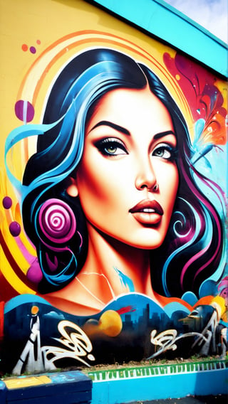 A captivating urban landscape mural featuring a woman, embodying the perfect fusion of surrealism, modernism, and street art. Her face, adorned with a mesmerizing blend of vibrant colors and abstract shapes, echoes the dynamic energy of bustling city streets. Behind her, a chaotic yet beautiful blend of graffiti and swirling murals create a backdrop that showcases the creativity and resilience of humanity. This contemporary masterpiece stands out against the concrete jungle, highlighting the power of transforming ordinary spaces into inspiring works of art. The mural is a celebration of the indomitable spirit and the impact of art in the most unexpected places, serving as a testament to the beauty that can emerge from chaos.