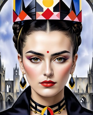 Imagine a mesmerizing 3D-generated painting that seamlessly blends the contrasting styles of Piet Mondrian and Frida Kahlo with the enigmatic themes of Gothic art. In this visual masterpiece, envision Gothic architectural elements forming the backdrop, characterized by soaring spires and intricate arches, meticulously rendered with Mondrian's geometric precision. Within this structured landscape, a Kahlo-inspired woman emerges, adorned with Gothic motifs, her ethereal beauty echoing the mysterious allure of Gothic art. Bold colors inspired by Kahlo's palette pierce through the stark Mondrian-esque lines, creating a unique fusion of rigidity and emotion. This artwork encapsulates a captivating harmony between the ordered elegance of Mondrian, the emotional richness of Kahlo, and the enigmatic atmosphere of Gothic aesthetics.