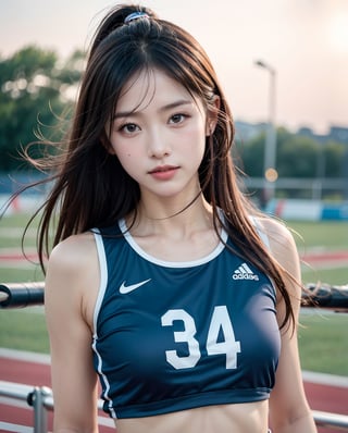 Visualize a dynamic promotional photograph for a rising star in the world of women's track and field. Picture the athlete in action, poised at the starting line of a sleek, modern track. Capture the intensity in her eyes as she prepares to sprint forward, conveying determination and focus. Use lighting to accentuate the contours of her athletic physique, highlighting her strength and grace. Incorporate elements of motion blur to convey the sense of speed and agility, creating a dynamic and energetic atmosphere. Pay attention to styling details, such as her sporty attire and accessories, which reflect her dedication to her craft. Frame the shot to emphasize the athlete's power and prowess, while also showcasing the beauty and elegance of her movements. Ultimately, aim to capture the essence of her athleticism and star quality, inspiring viewers with her passion and drive., break, (blue hour urban), dusk, sunset, night, A sheer salon style long windblown hair, light brown hair, masterpiece, best quality, ultra high res, ultra detailed, sharp focus, 1girl, solo, A lucky shot of a stunning pretty and beautiful Japanese sexy model, 20yo, looking at viewer:1.3, (bright smile:1.1),(fantasy:1.3), wearing a (track and field shirt and sporty shorts), break, realistic, slender, (standing:1.1), (looking at the viewer:1.3), sexy gaze, blush, 1girl, (upper body shot:1.6),1 girl, ((centered image)), ,photo of perfecteyes eyes