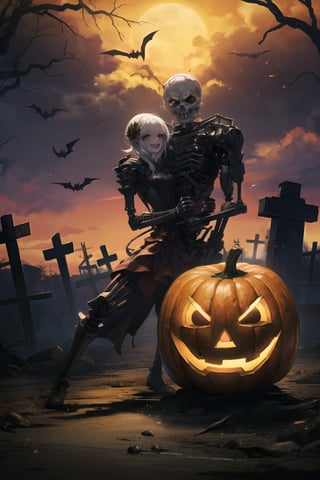 lots of dancing skeltons at cemetery, halloween theme:1.3, halloween costume, jack o'lantern, halloween cemetery, ,T800Endoskeleton, happy, dancing, cemetery, 