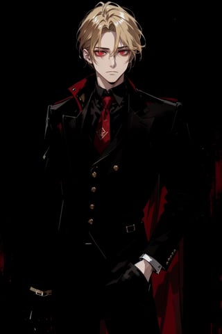 (masterpiece, best quality, highres:1.3), ( young handsome man, blonde hair, red eyes, glowing eyes, levi ackerman hairstyle,)  red and black outfit, in dark clothes, dark red clothes, black pants, standing, gloves, long sleeves, closed mouth, jacket, male focus, glowing eyes, evil, cold, villian, suit, waistcoat, shirt, tie, neutral_expression, poker face,  emotionless