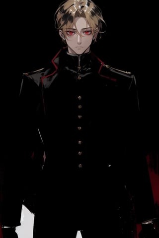 (masterpiece, best quality, highres:1.3), ( young handsome man, blonde hair, red eyes, glowing eyes, levi ackerman hairstyle,)  red and black outfit, in dark clothes, dark red clothes, black pants, standing, gloves, long sleeves, closed mouth, jacket, male focus, glowing eyes, empty eyes, cold, void eyes, disappointment, looking down at viewer, POV, From_below, viewed_from_below, ,from_below