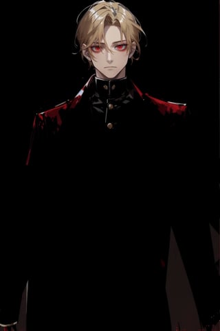 (masterpiece, best quality, highres:1.3), ( young handsome man, blonde hair, red eyes, glowing eyes, levi ackerman hairstyle,)  red and black outfit, in dark clothes, dark red clothes, black pants, standing, gloves, long sleeves, closed mouth, jacket, male focus, glowing eyes, empty eyes, cold, void eyes, disappointment, looking down at viewer, POV, From_below, viewed_from_below, ,from_below