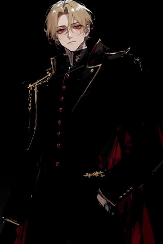 (masterpiece, best quality, highres:1.3), ( young handsome man, blonde hair, red eyes, glowing eyes, levi ackerman hairstyle,)  red and black outfit, in dark clothes, full body, detailed outfit,  regal dark red clothes, black pants, standing, gloves, long sleeves, closed mouth, jacket, male focus, glowing eyes, empty eyes, cold, void eyes, disappointment, looking down at viewer, POV, From_below, viewed_from_below, ,from_below