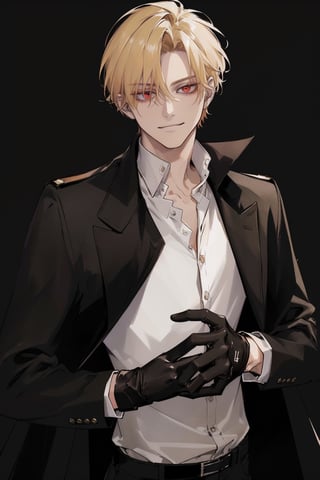 (masterpiece, best quality, highres:1.3), ( young handsome man, blonde hair, short hair, red eyes, glowing eyes, levi ackerman hairstyle,)  solo, looking at viewer, smirk, detailed background, shirt, gloves, long sleeves, collarbone, jacket, white shirt, male focus, black gloves,  open jacket, black jacket, 