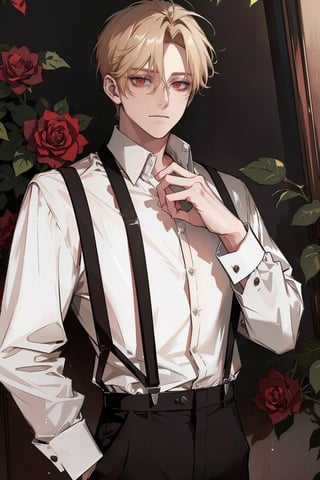 (masterpiece, best quality, highres:1.3), ( young handsome man, blonde hair, short hair, red eyes, glowing eyes, levi ackerman hairstyle,)  solo, looking at viewer, shirt,  white shirt, upper body, flower, male focus, open clothes, collared shirt, pants, open shirt, rose, suspenders, plant, red flower, red rose