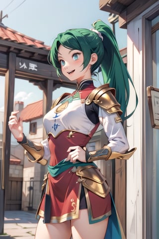 "In the midst of a medieval fantasy setting, our energetic anime woman is clad in an outfit that seamlessly blends armor and regular clothing. Her athletic, slightly muscular frame is accentuated by the ensemble. Her emerald hair is fashioned into a neat ponytail, while her amber eyes glow with a mix of boldness and warmth. The attire, reminiscent of her adventurous lifestyle, complements the rustic, old-world charm of her surroundings."