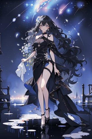 (masterpiece, best quality, highres:1.3), (Grey eyes, black hair, medium hair, wavy hair, hair between eyes, 1girl, small breasts) water, liquid, colorful, anemone flowers bloom around, beautiful night, Starry sky, raining, Fantastic night, fullbody, black, black swan, black and white,