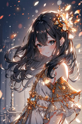  (masterpiece, best quality, highres:1.3), (grey eyes, black hair, medium hair, wavy hair, hair between eyes, 1girl, small breasts) looking at viewer, blush, hair ornament, hair smile, dress, closed mouth, upper body, white dress, blurry, from side, looking to the side, depth of field, blurry background, halo, light particles