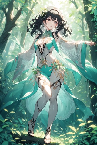 (Gray eyes, 1girl, medium hair, wavy hair, small breasts, black hair), fullbody, In a lush forest, a goddess of nature dances among the trees, her skin glowing with the vibrant colors of the flowers and plants that surround her.