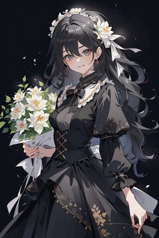 (masterpiece, best quality, highres:1.3), (Grey eyes, black hair, medium hair, wavy hair, hair between eyes, 1girl, small breasts) 
Black shirt, ruffle collar, black skirt with ruffles, ribbon, smile, (Fill the background with flowers:1.4), cluster amaryllis, lilies, roses, dynamic pose,