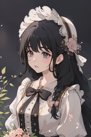 (masterpiece, best quality, highres:1.3), (Gray eyes, black hair, medium hair, wavy hair, hair between eyes, 1girl, small breasts) upperbody, 
 hair styled in a braid. She wears a delicate lace bonnet adorned with flowers and a pink vintage-style dress with puffy sleeves tied with ribbons. The girl holds a bouquet of flowers, the background features an abundance of floral arrangements, soft colors, and a dreamy, ethereal atmosphere. melancholic or wistful mood. Her expression, with slightly downturned eyes and a gentle, unresolved gaze,  sadness,