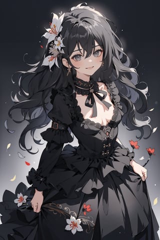 (masterpiece, best quality, highres:1.3), (Grey eyes, black hair, medium hair, wavy hair, hair between eyes, 1girl, small breasts) 
Black shirt, ruffle collar, black skirt with ruffles, ribbon, smile, (Fill the background with flowers:1.4), cluster amaryllis, lilies, roses, dynamic pose,