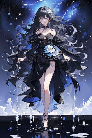 (masterpiece, best quality, highres:1.3), (Grey eyes, black hair, medium hair, wavy hair, hair between eyes, 1girl, small breasts) water, liquid, colorful, anemone flowers bloom around, beautiful night, Starry sky, raining, Fantastic night, fullbody, black, black swan, black and white,