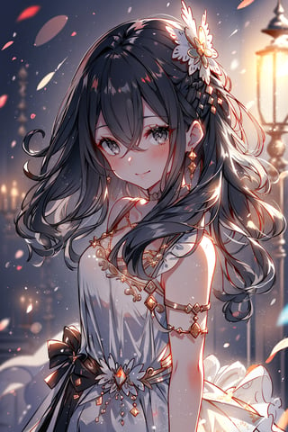  (masterpiece, best quality, highres:1.3), (grey eyes, black hair, medium hair, wavy hair, hair between eyes, 1girl, small breasts) looking at viewer, blush, hair ornament, hair smile, dress, closed mouth, upper body, white dress, blurry, from side, looking to the side, depth of field, blurry background, halo, light particles