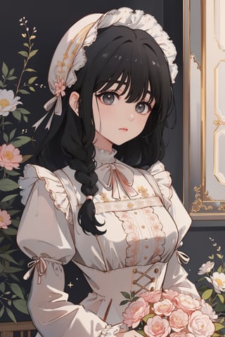 (masterpiece, best quality, highres:1.3), (Gray eyes, black hair, medium hair, wavy hair, hair between eyes, 1girl, small breasts) upperbody, 
 hair styled in a braid. She wears a delicate lace bonnet adorned with flowers and a pink vintage-style dress with puffy sleeves tied with ribbons. The girl holds a bouquet of flowers, the background features an abundance of floral arrangements, soft colors, and a dreamy, ethereal atmosphere. melancholic or wistful mood. Her expression, with slightly downturned eyes and a gentle, unresolved gaze,  sadness,