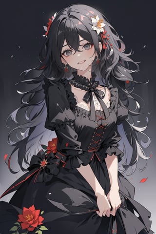 (masterpiece, best quality, highres:1.3), (Grey eyes, black hair, medium hair, wavy hair, hair between eyes, 1girl, small breasts) 
Black shirt, ruffle collar, black skirt with ruffles, ribbon, smile, (Fill the background with flowers:1.4), cluster amaryllis, lilies, roses, dynamic pose,