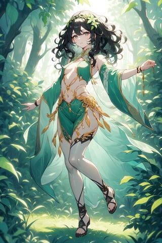 (Gray eyes, 1girl, medium hair, wavy hair, small breasts, black hair), fullbody, In a lush forest, a goddess of nature dances among the trees, her skin glowing with the vibrant colors of the flowers and plants that surround her.